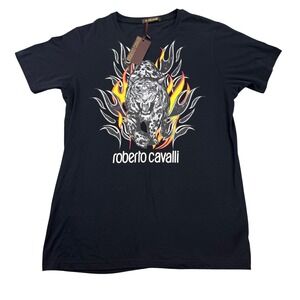 Roberto Cavalli Tiger Flame Graphic T-Shirt Mens XXL Black NEW FST960 A#027